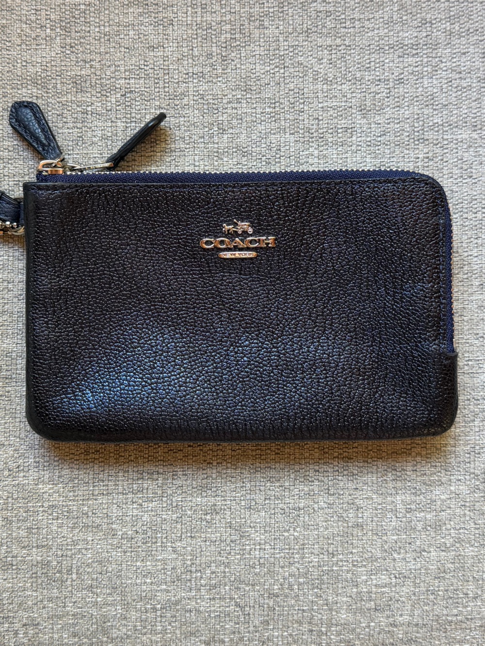 Coach Navy Pebbled Leather Wristlet with Gold Logo